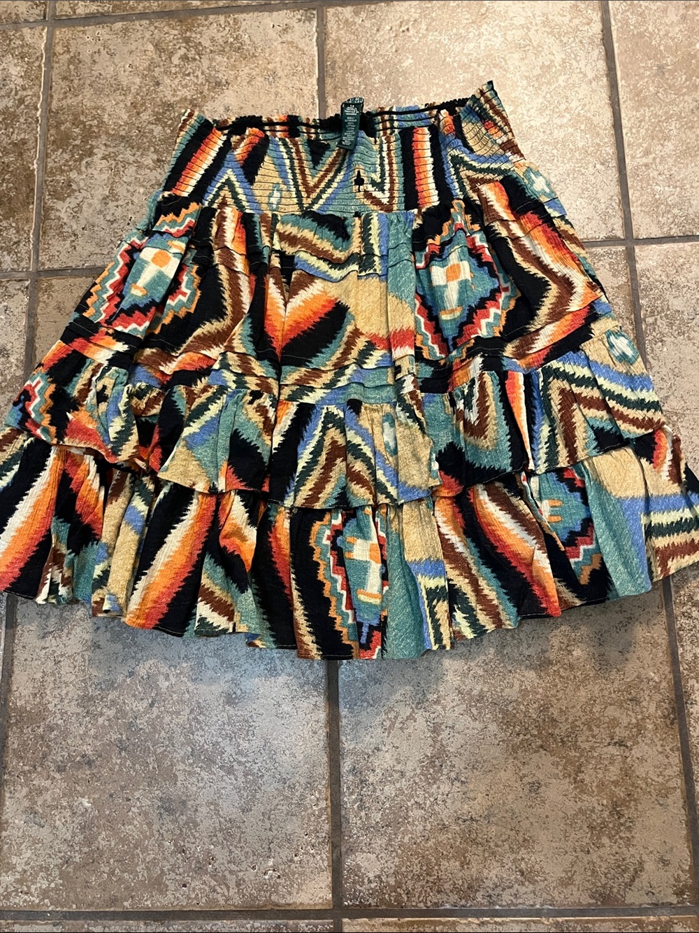 Lauren Ralph Lauren Multi-Color Tiered Skater Skirt in Teal, Black & Orange